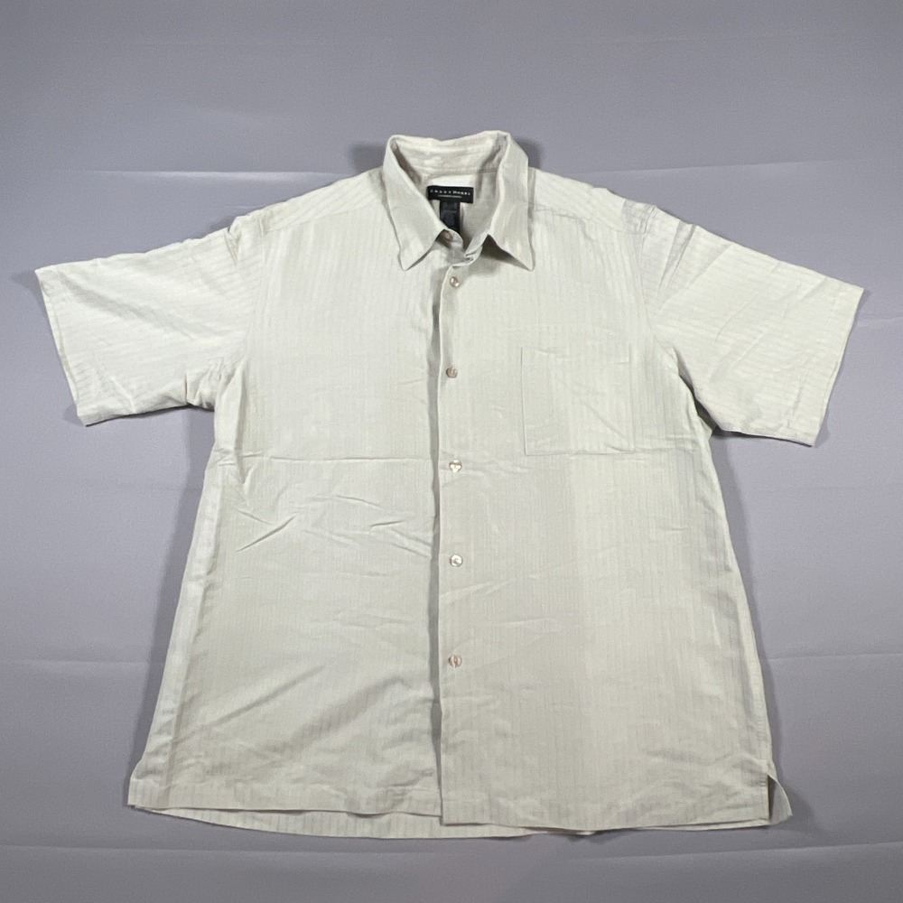 Crazy Horse Button Up Shirt Mens XL Beige Rayon Short Sleeve Side Slit Everyday